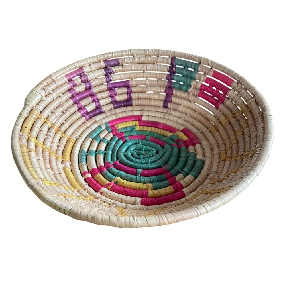 Vtg Mexican Hand-Woven Coiled Basket Bowl – Toluca Style, Signed 861 Mexico 8.5